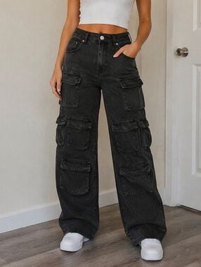 NWT Kuwalla Multi Cargo Pocket Denim Jeans Black Utility Wide Leg Streetwear Y2K